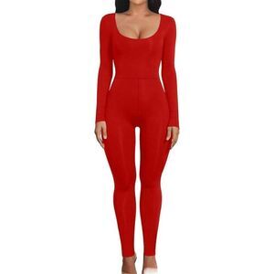 NEW RED Long Sleeve Scoop Neck 1 Piece Jumpsuit Romper S 4/6